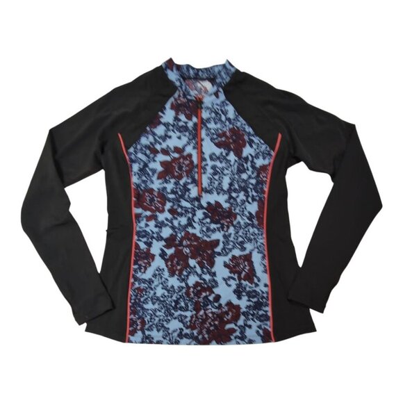 Floral Rash Guard Swim Top Colorblock Long-Sleeve Zip Black & Blue Womens M - Picture 1 of 8